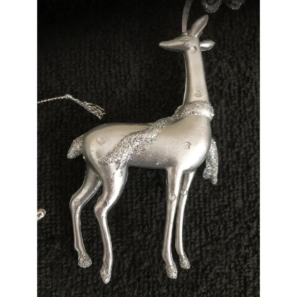 3 ~ Silver Cast Metal Reindeer Ornaments Leaping Prancing Fine Glitter READ
